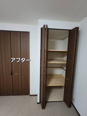 布団が入るように拡張し、収納棚を造作したクローゼットの完成写真