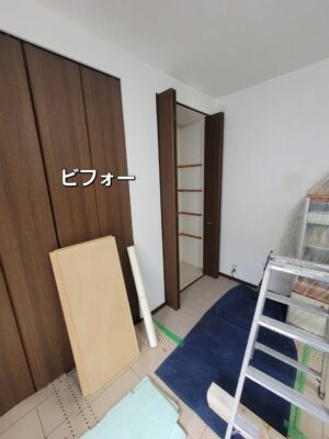 布団が入るようにクローゼットの開口を広げ、棚を造作した収納リフォーム